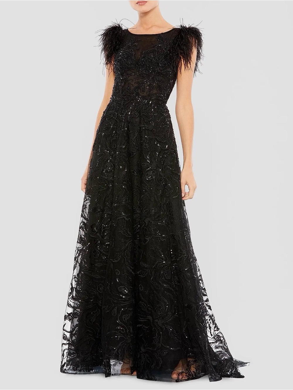 NTW Mac Duggal Black Beaded Lace Maxi Gown with Feather Shoulders